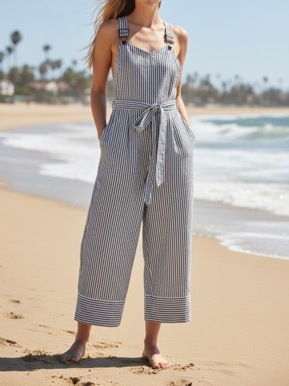 Billabong "Bella Day" Striped Wide-Leg Jumpsuit with Tie Waist Size Small NWT